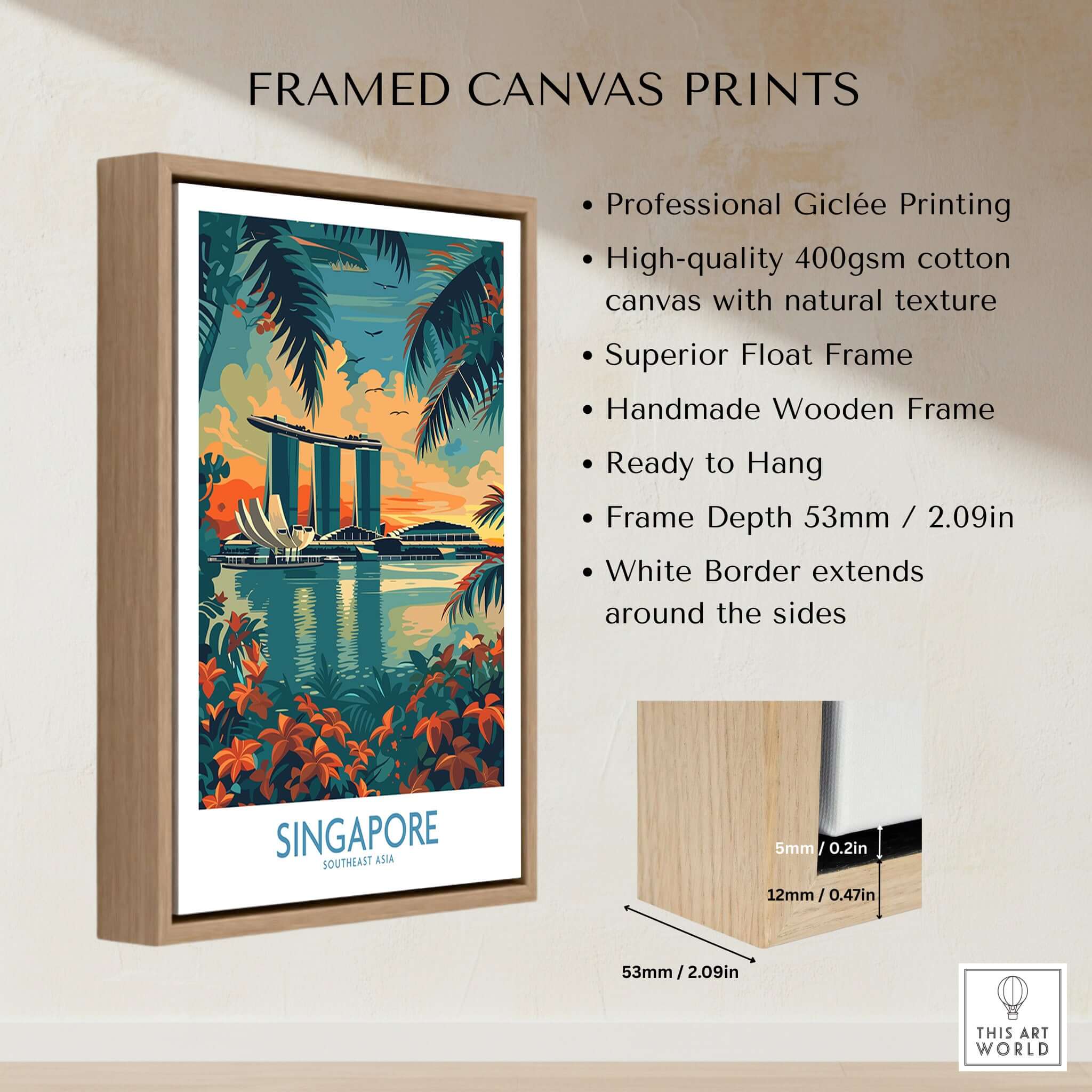 Singapore Travel Poster - Southeast Asia framed canvas print showcasing Marina Bay Sands and tropical design
