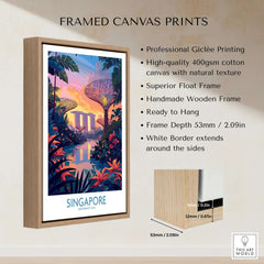 Framed Singapore Wall Art showcasing vibrant colors and iconic landmarks with a natural texture on cotton canvas.