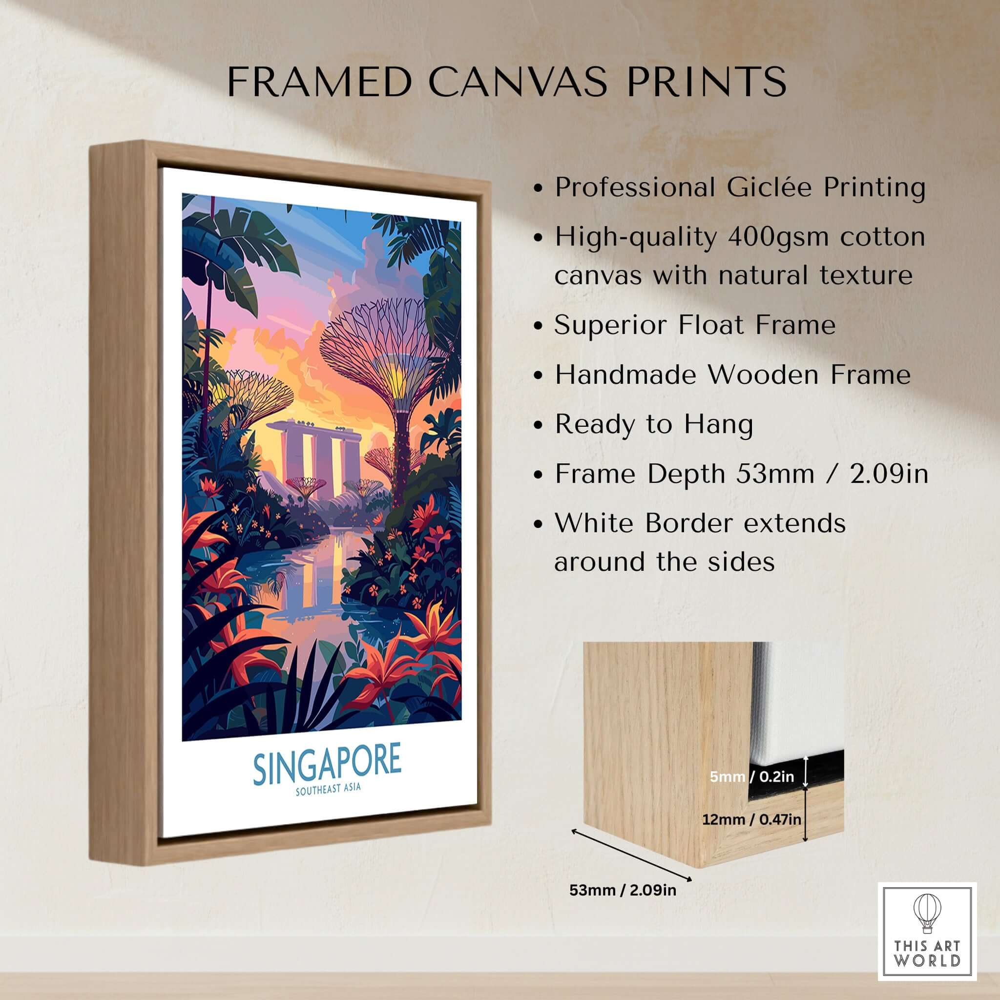Framed Singapore Wall Art showcasing vibrant colors and iconic landmarks with a natural texture on cotton canvas.