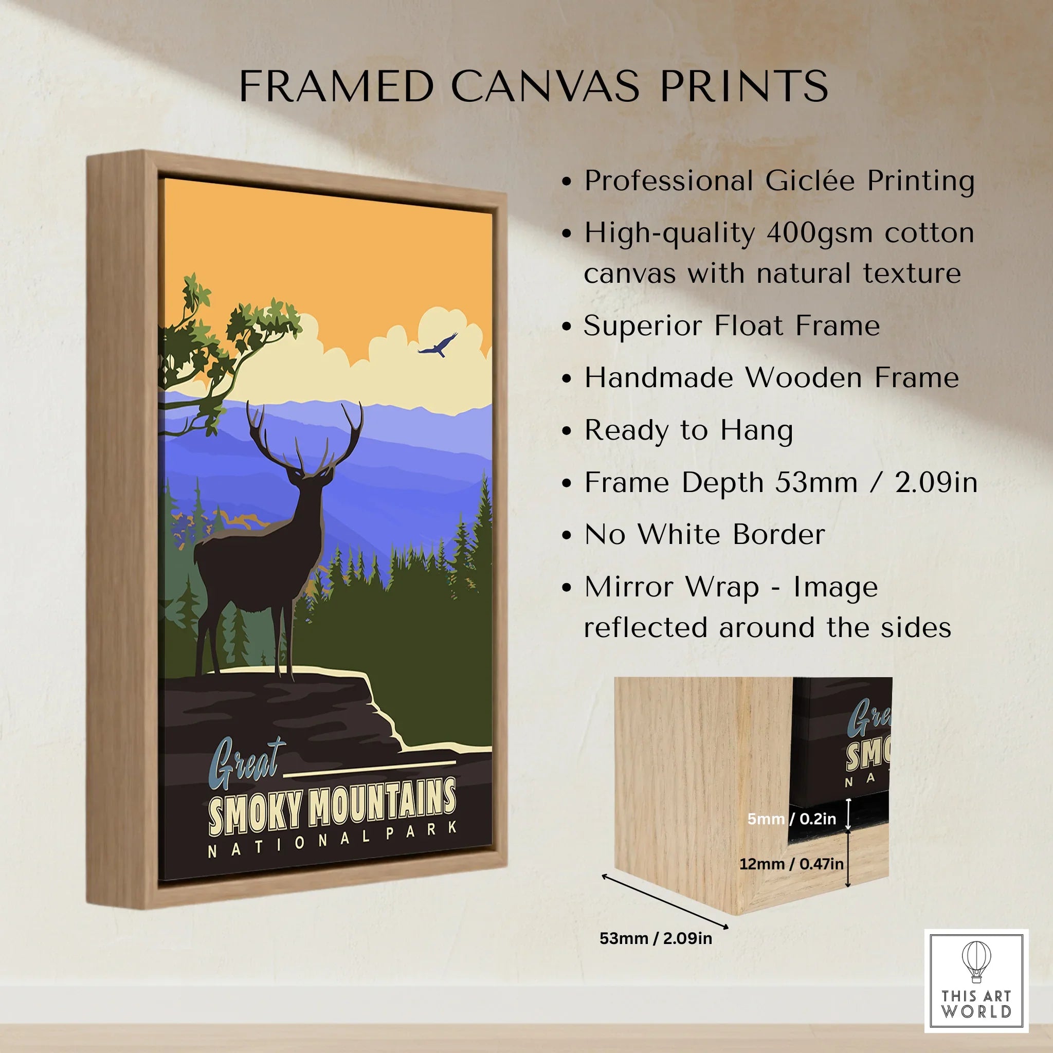 Framed canvas print of Great Smoky Mountains with deer silhouette, float frame, wall art