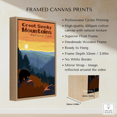 Framed canvas print of Great Smoky Mountains National Park with bear and sunset scene