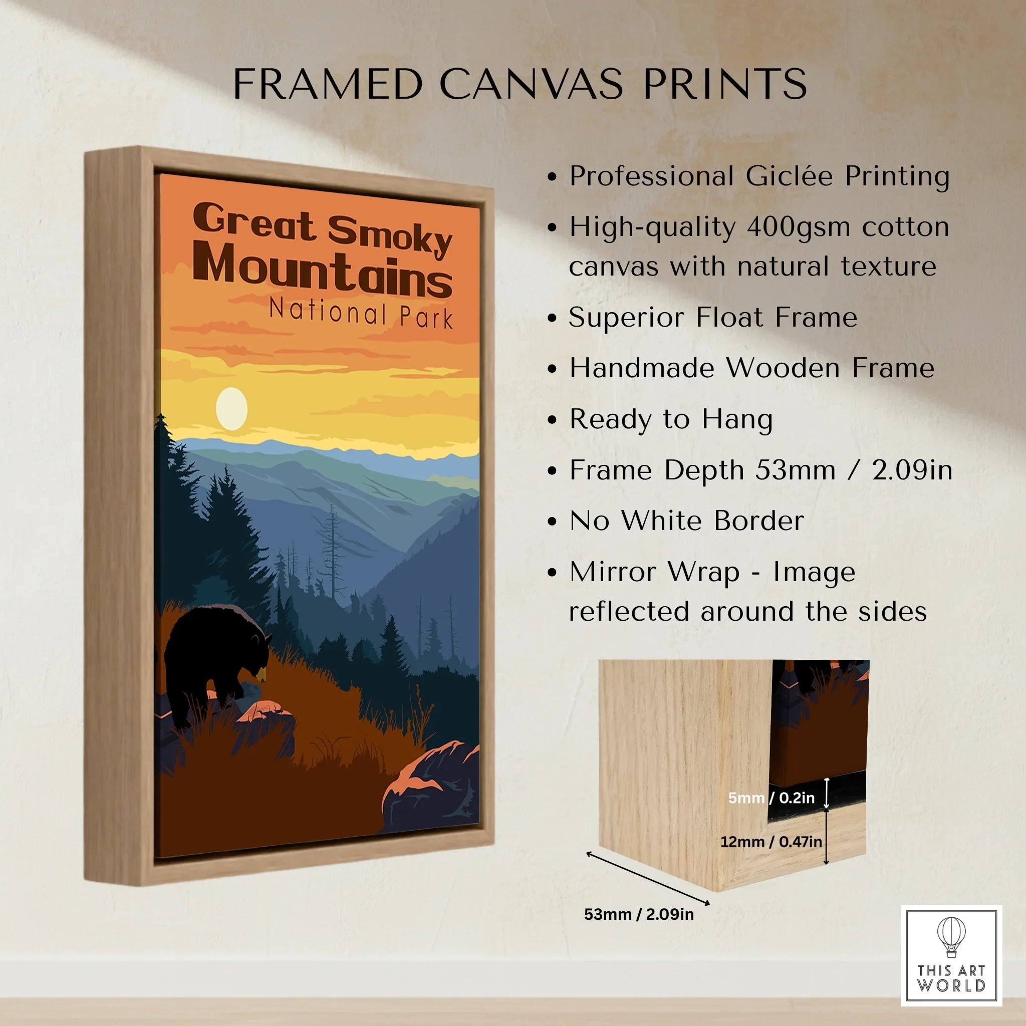 Framed canvas print of Great Smoky Mountains National Park with bear and sunset scene