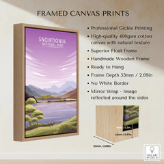Framed canvas print of Snowdonia National Park with float frame and wooden edge detail