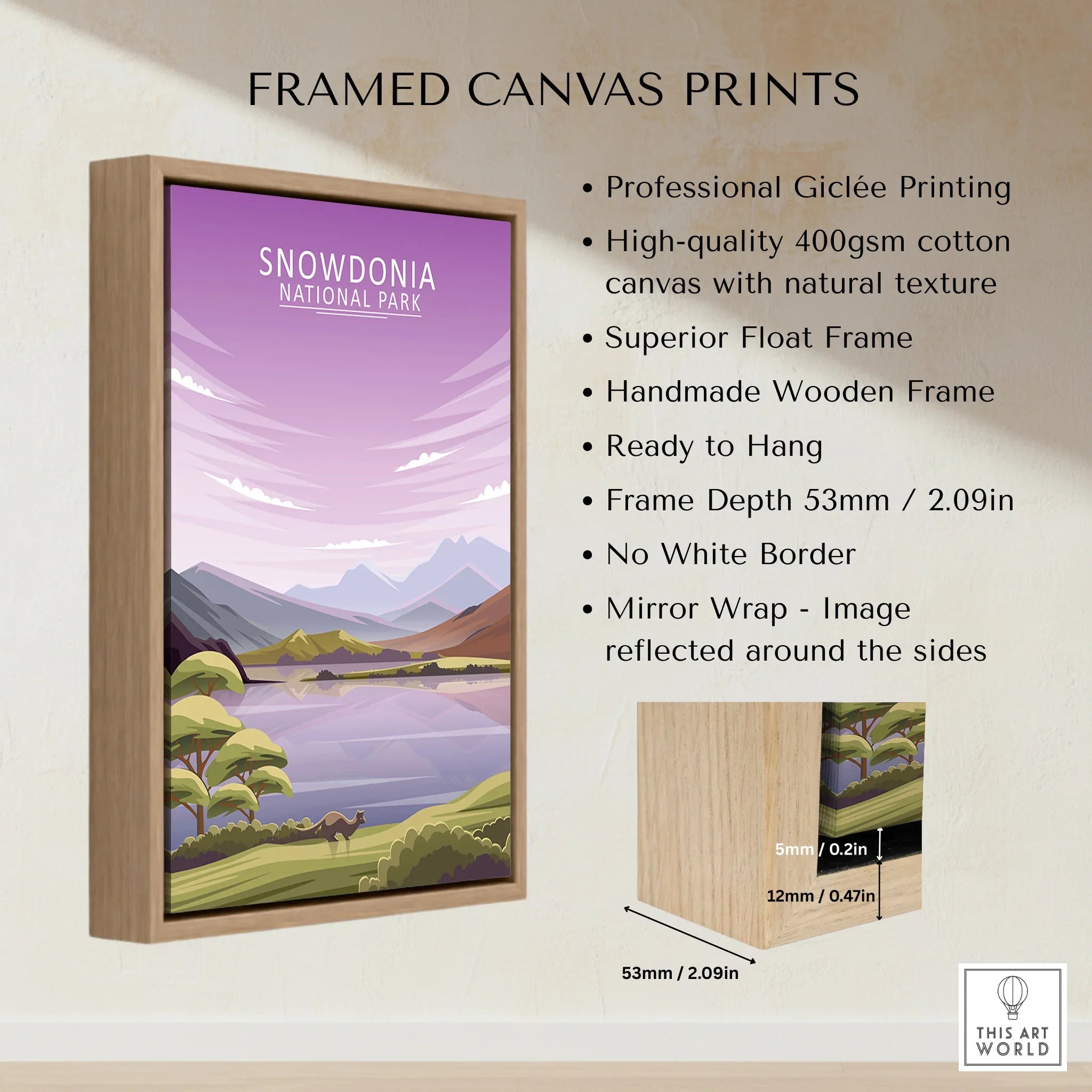 Framed canvas print of Snowdonia National Park with float frame and wooden edge detail
