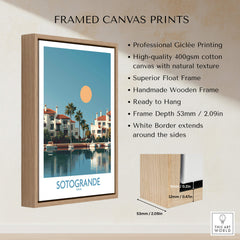 Sotogrande Spain Canvas Print | Mediterranean Waterfront Scenery Poster in a contemporary wooden frame with detailed description.