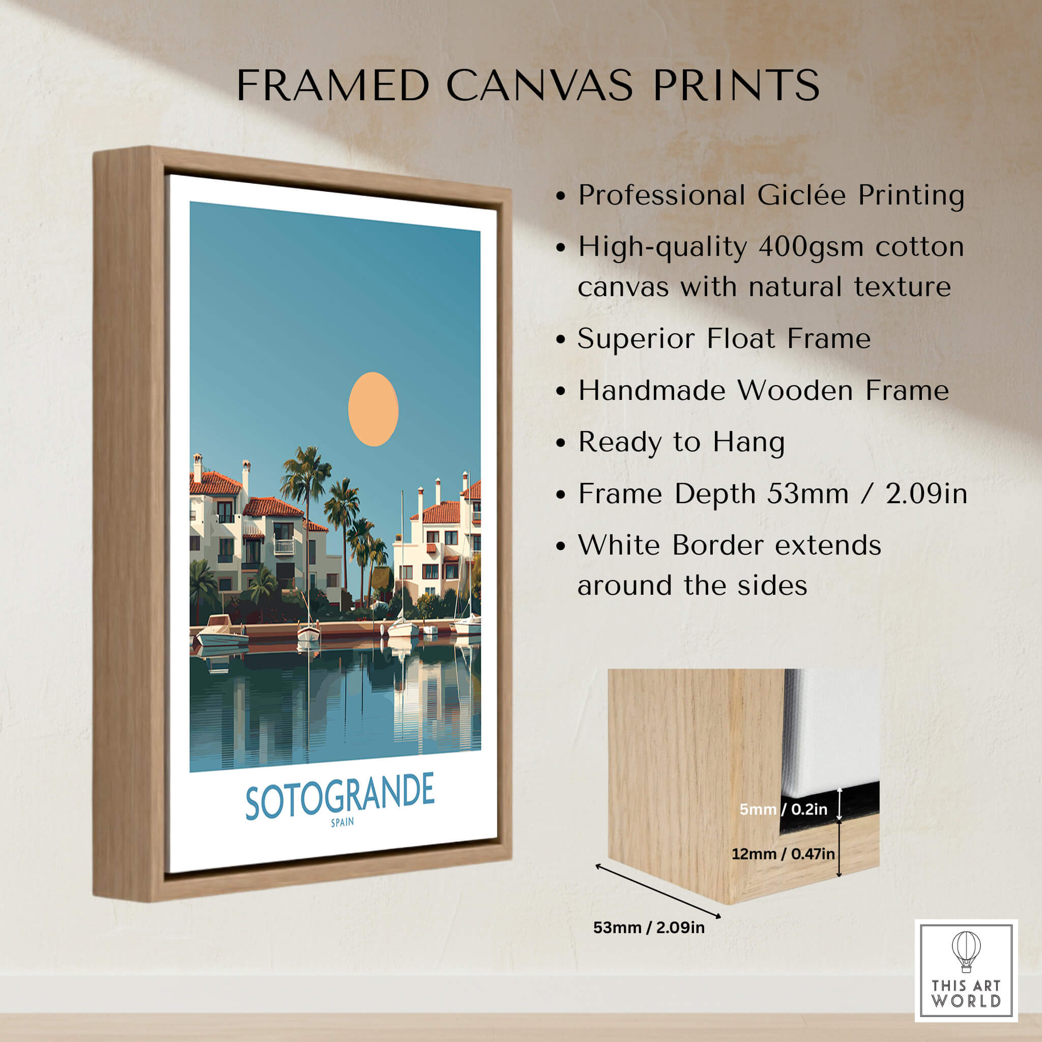 Sotogrande Spain Canvas Print | Mediterranean Waterfront Scenery Poster in a contemporary wooden frame with detailed description.