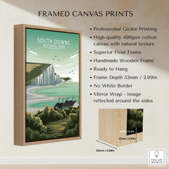 Framed canvas print of South Downs National Park cliffs with float frame and wooden edge details