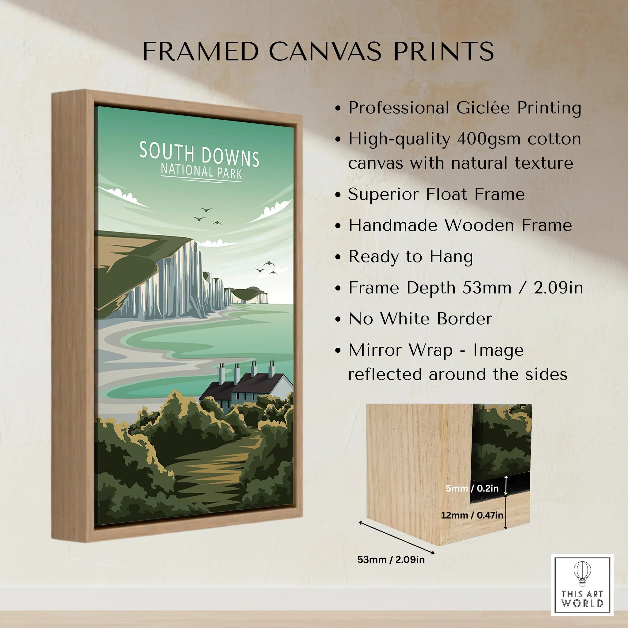 Framed canvas print of South Downs National Park cliffs with float frame and wooden edge details