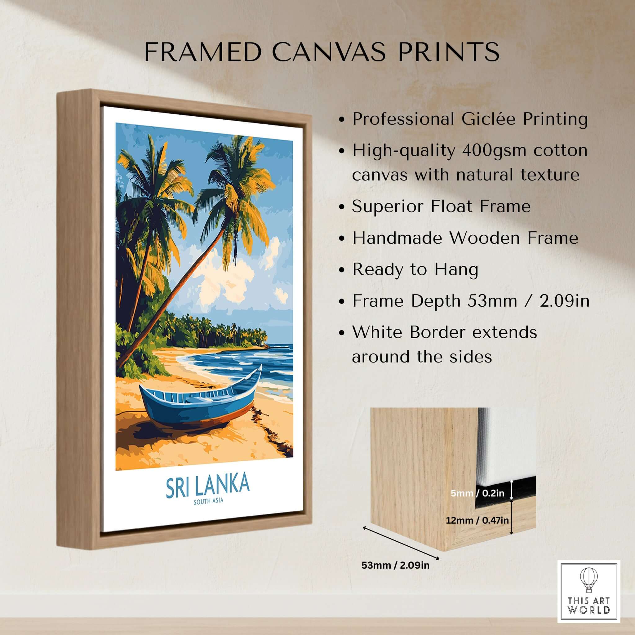 South Asia Travel Poster - Sri Lanka Coastal Print, Island Life Wall Art framed canvas with tropical scene.
