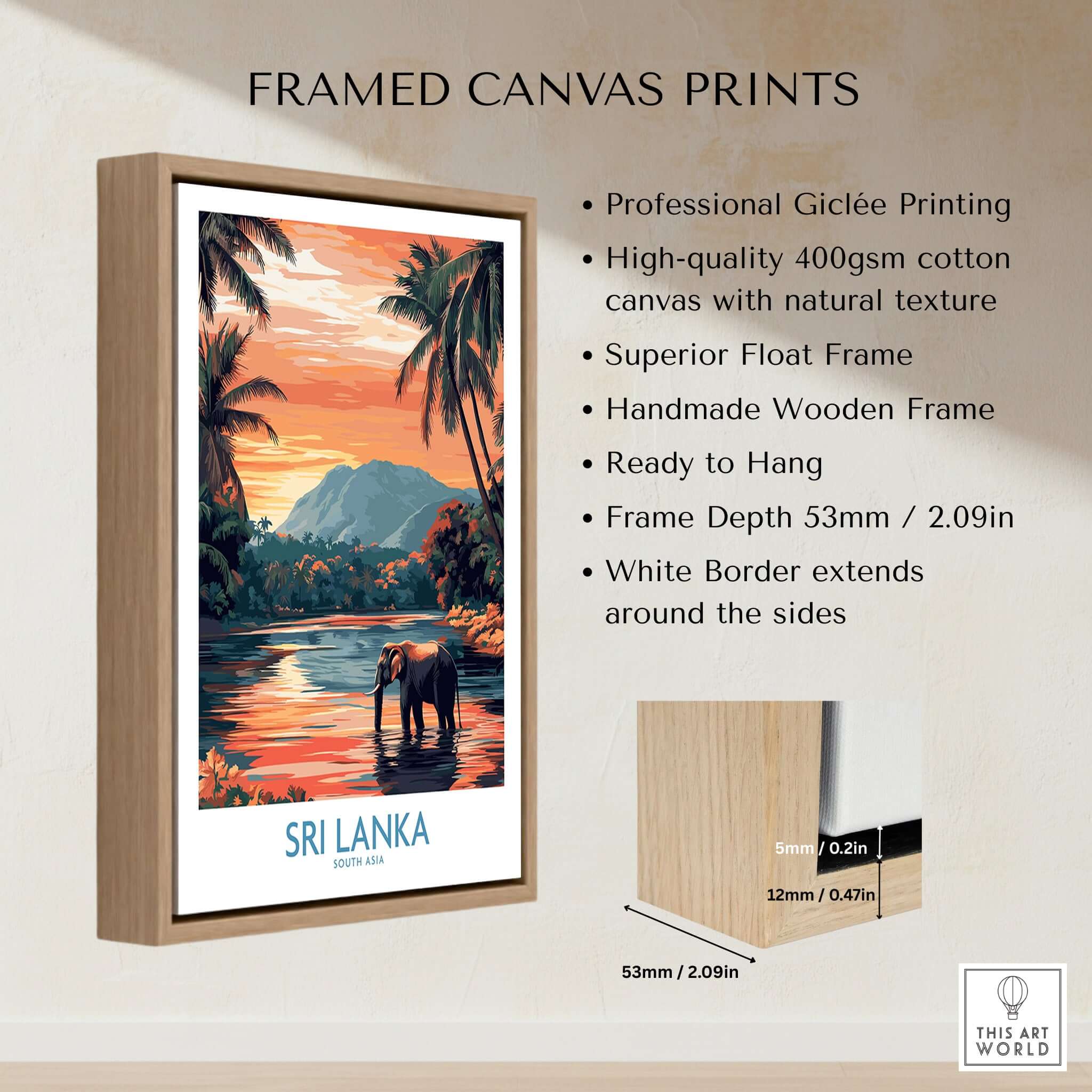 Sri Lanka Nature Art - Elephant in River Poster, Tropical Wildlife Print displayed in a framed canvas with high-quality finish.