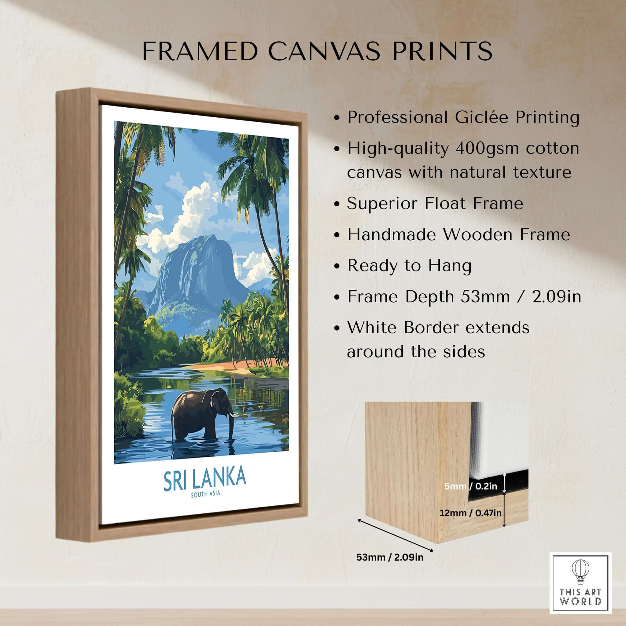 Sri Lanka Tropical Scene Wall Art - Elephant Print, Island Paradise Decor framed canvas print display.