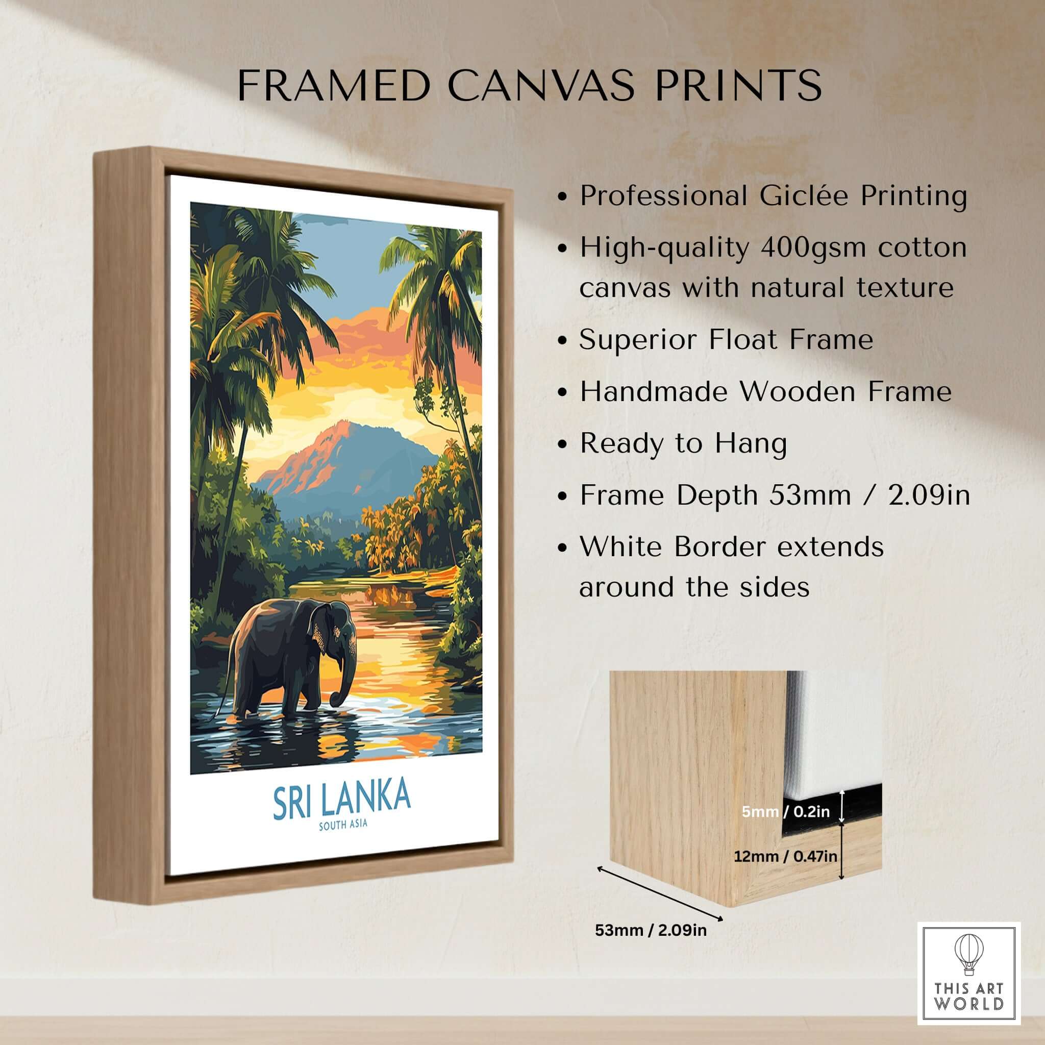 Sri Lanka Travel Art Print - Elephant Swimming Wall Art, Tropical Adventure Scene framed canvas print showcasing vibrant colors.