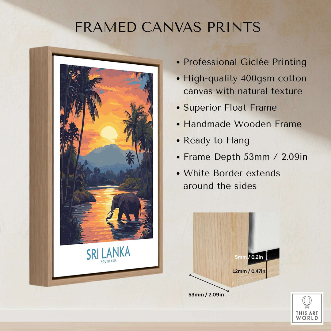 Sri Lanka Poster with Elephant in tropical setting at Sunset - Travel Print showcased in a high-quality float frame.