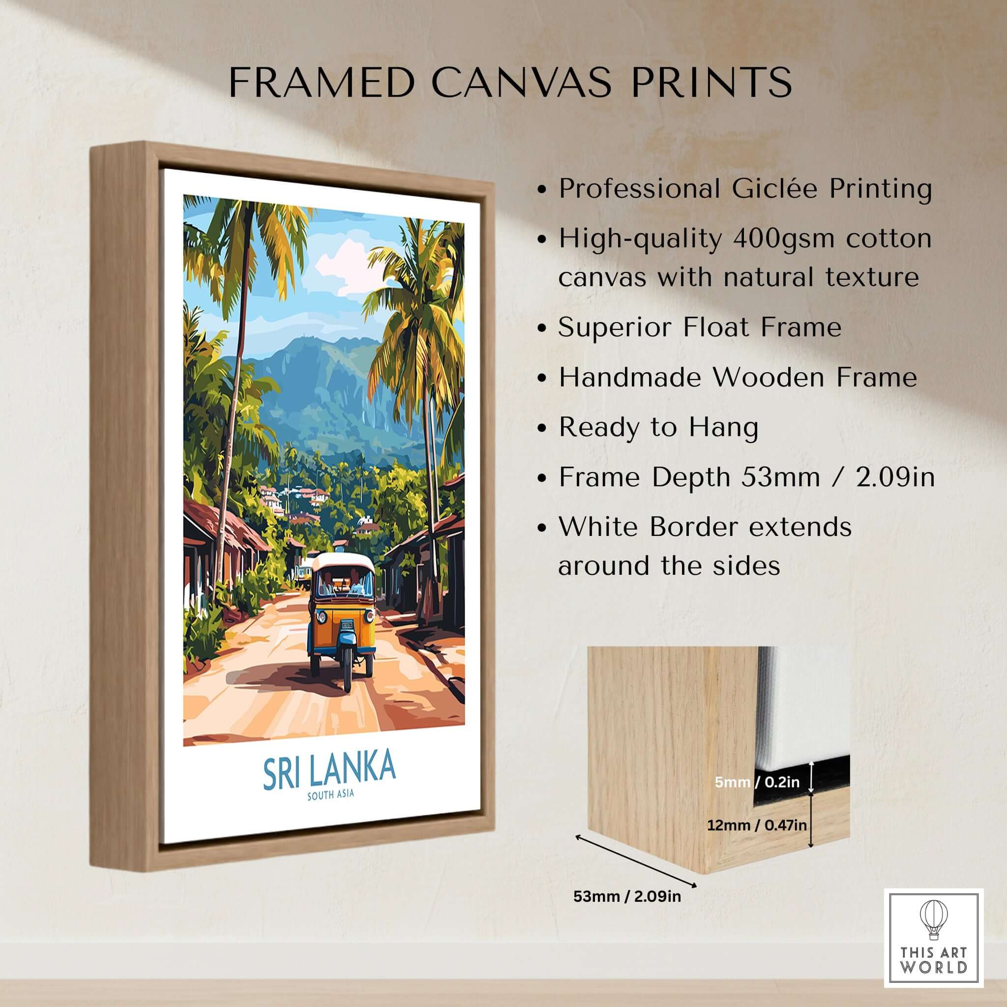 Sri Lanka Wall Art featuring a Tuk-Tuk framed canvas print with professional Giclée printing and wooden frame.