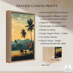 Sri Lanka Wall Art Print | Sunset Elephant Landscape Travel Poster displayed in a handmade wooden frame, showcasing wildlife.