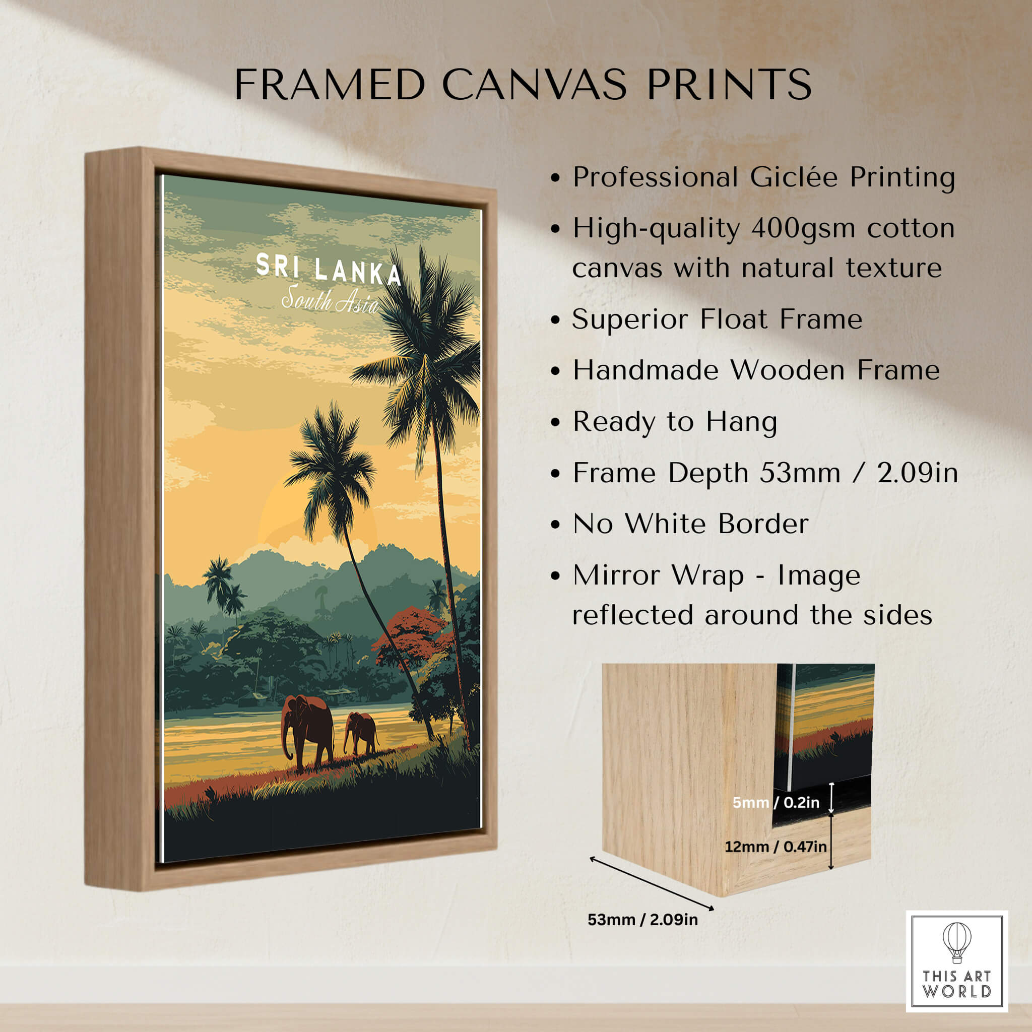 Sri Lanka Wall Art Print | Sunset Elephant Landscape Travel Poster displayed in a handmade wooden frame, showcasing wildlife.