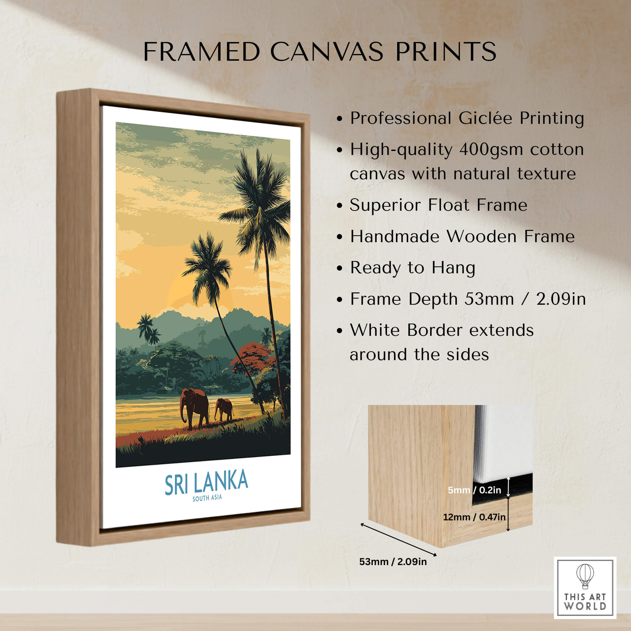 Sri Lanka Poster | Tropical Palm Tree & Elephant Canvas Print in a framed design with wooden frame and vibrant colors