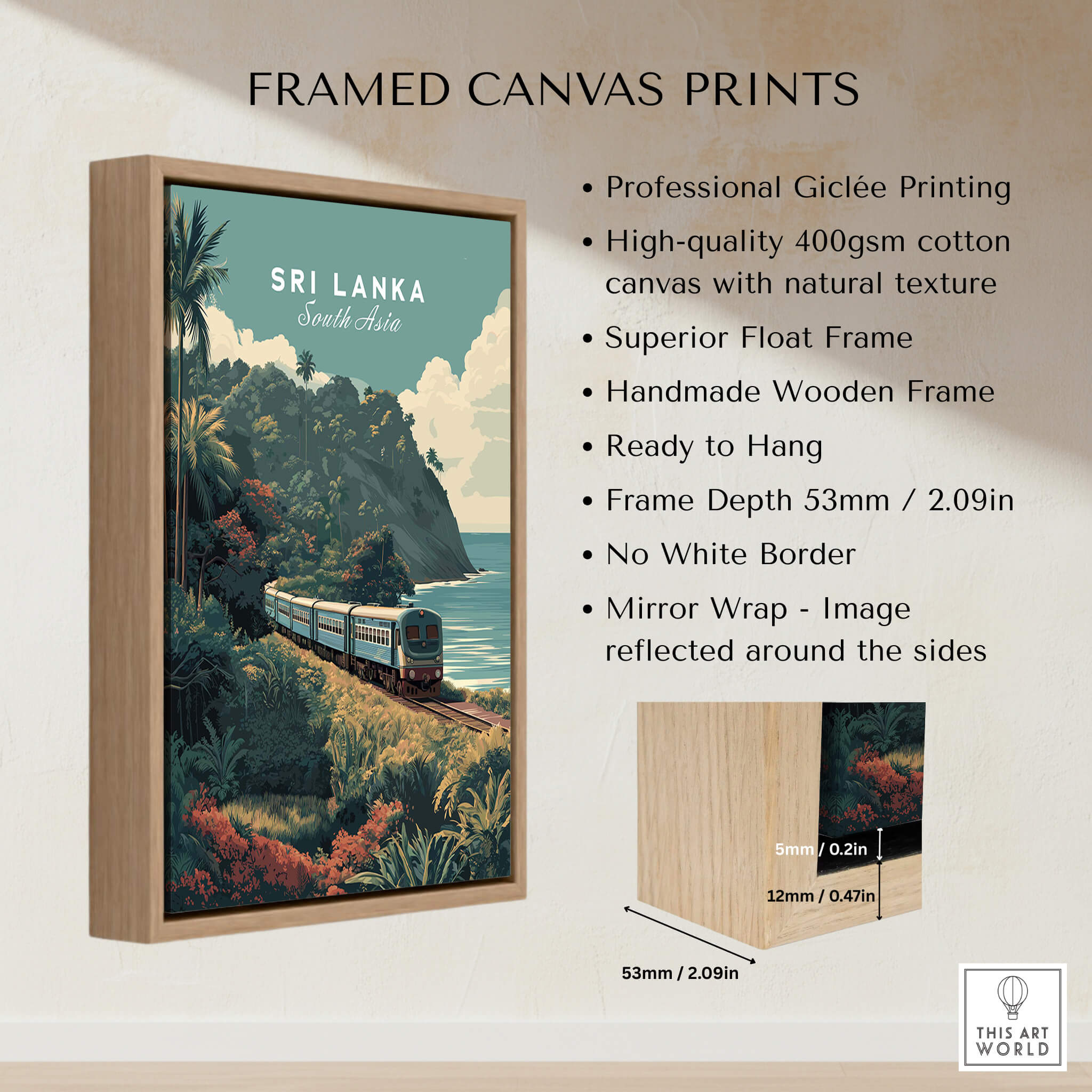 Sri Lanka Wall Art Print | Train Travel Poster framed canvas print showcasing vintage trains in stunning landscapes.