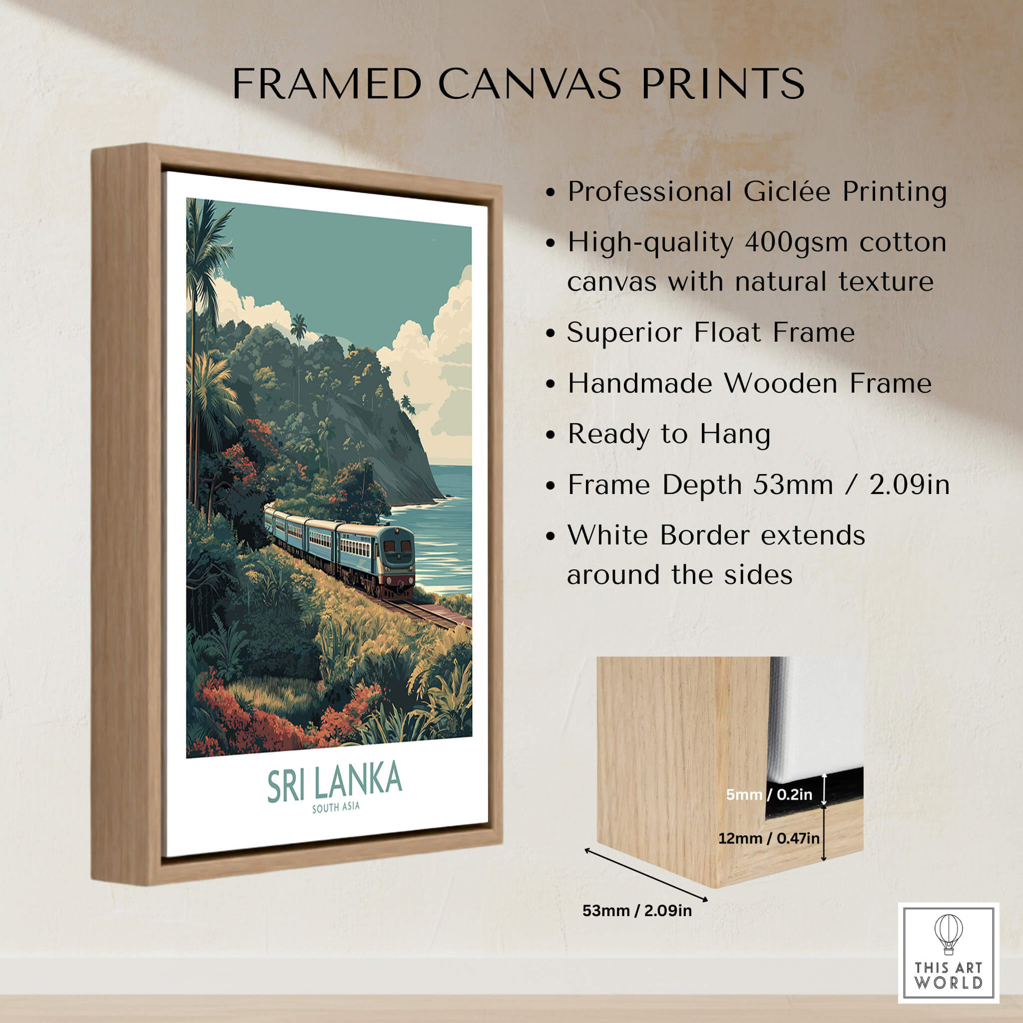 Sri Lanka Poster | Tropical Railway Canvas Print showcasing a framed giclée print with stunning tropical scenery.