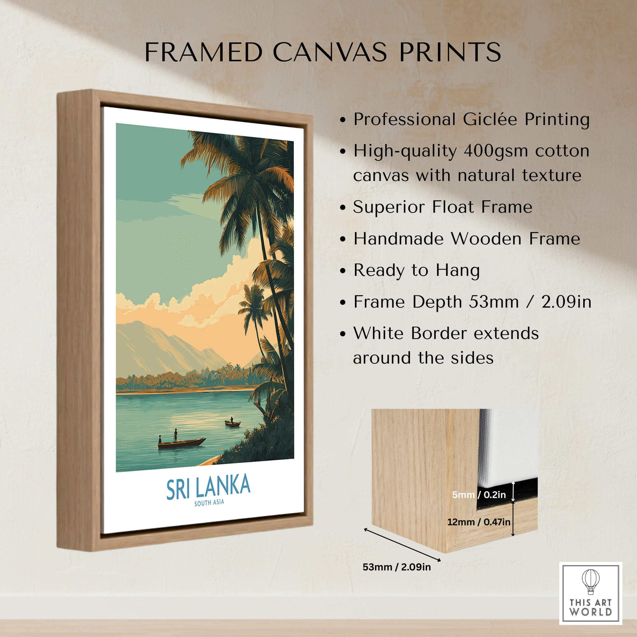 Sri Lanka Canvas Print | Traditional Boat Scene Poster displayed in a handmade wooden frame with natural texture.