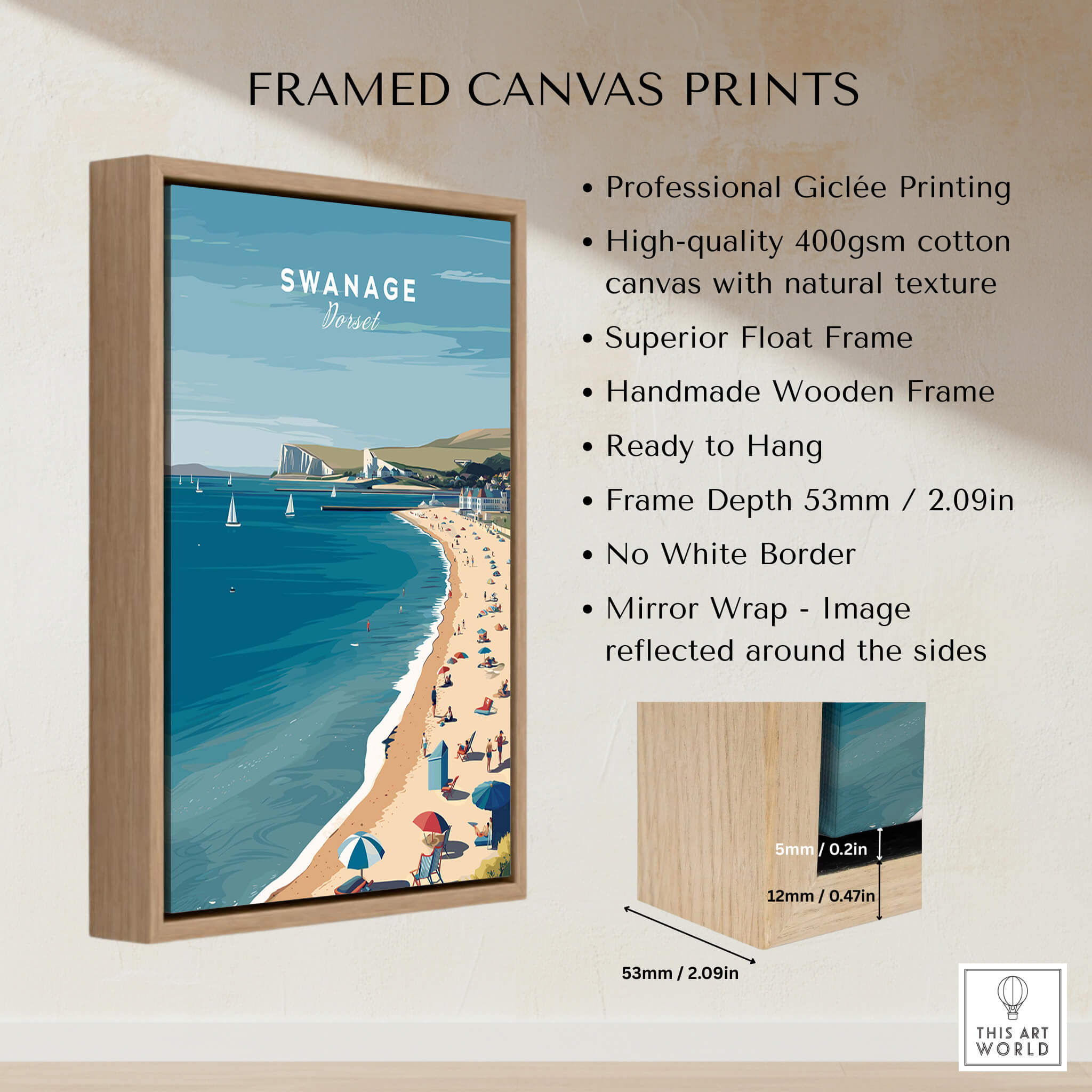 Swanage Dorset Wall Art Print | British Seaside Beach Travel Poster in a stylish frame with floating design.