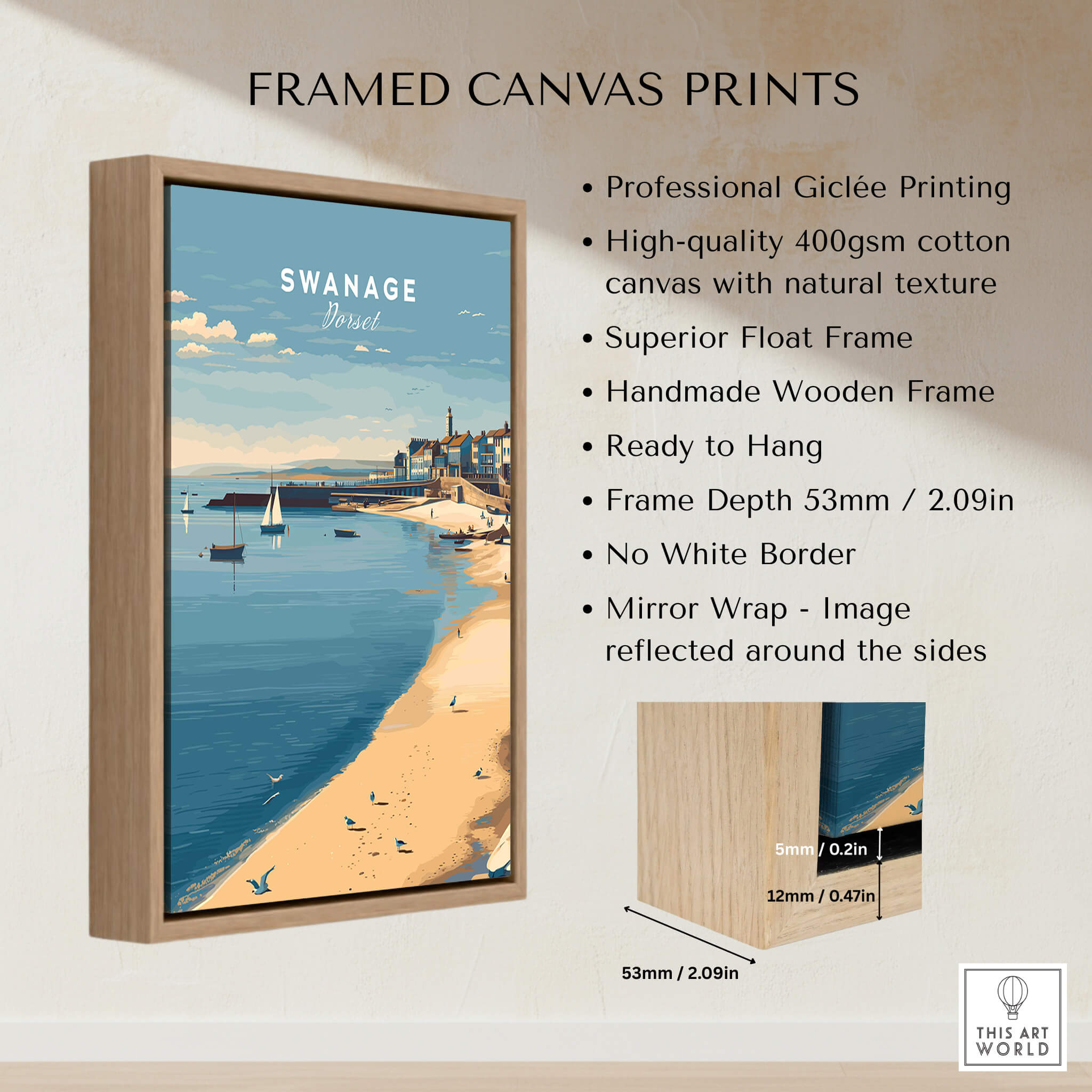Swanage Dorset Travel Poster | English Coastal Town Wall Art Print framed canvas print showcasing coastal views and vintage charm.