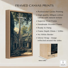 Ta Prohm Cambodia Travel Poster | Ancient Temple Jungle Ruins Wall Art Print displayed in a handmade wooden frame.