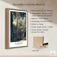 Ta Prohm Cambodia Canvas Print | Iconic Tree Root Ruins Poster showcasing framed artwork with wooden frame.