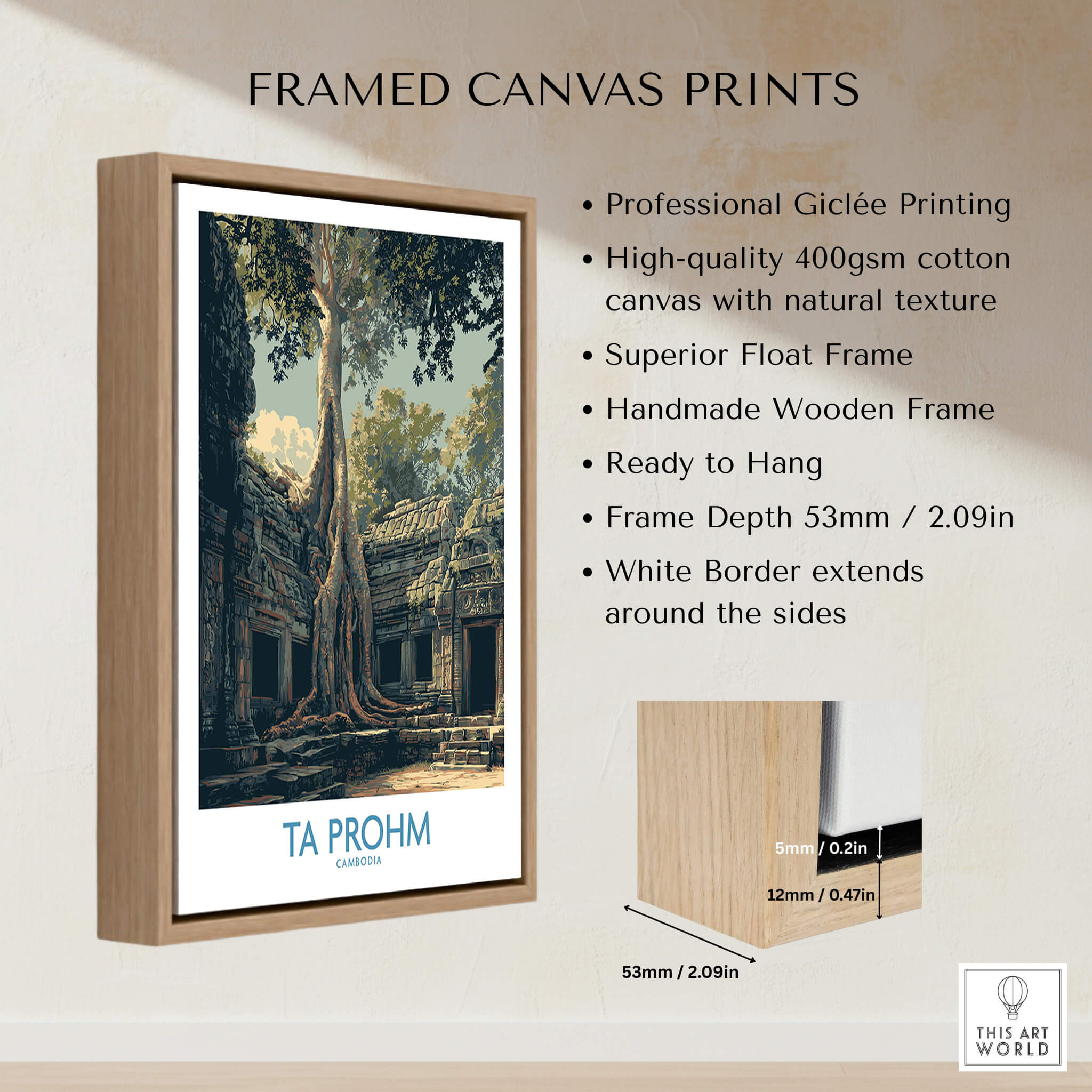 Ta Prohm Cambodia Canvas Print | Iconic Tree Root Ruins Poster showcasing framed artwork with wooden frame.