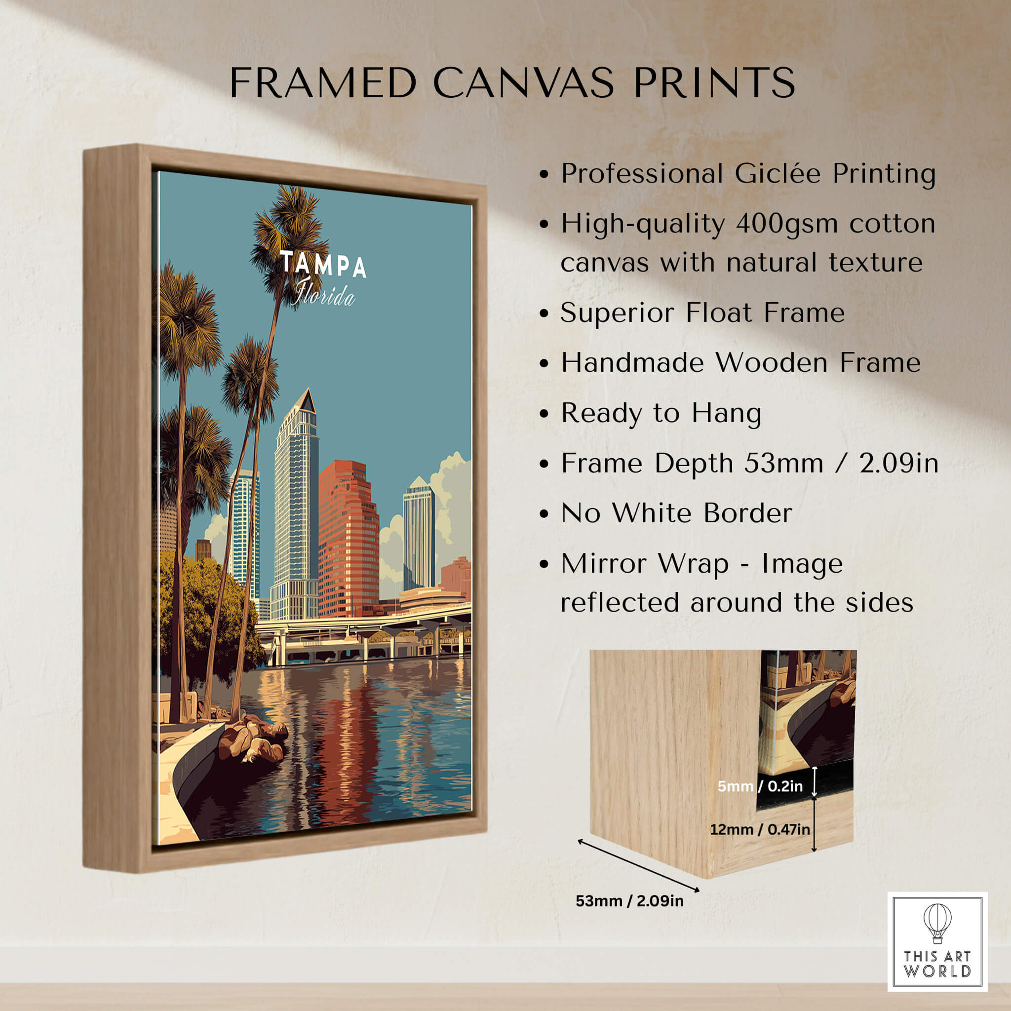 Tampa Florida Wall Art Print | Downtown City Skyline Travel Poster framed canvas print with wooden frame and high-quality Giclée printing.