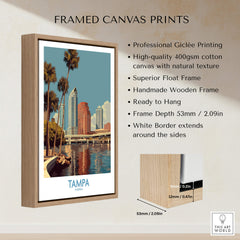 Tampa Florida Poster | Waterfront Sunset Cityscape Canvas Print framed with a wooden border and high-quality giclée printing.