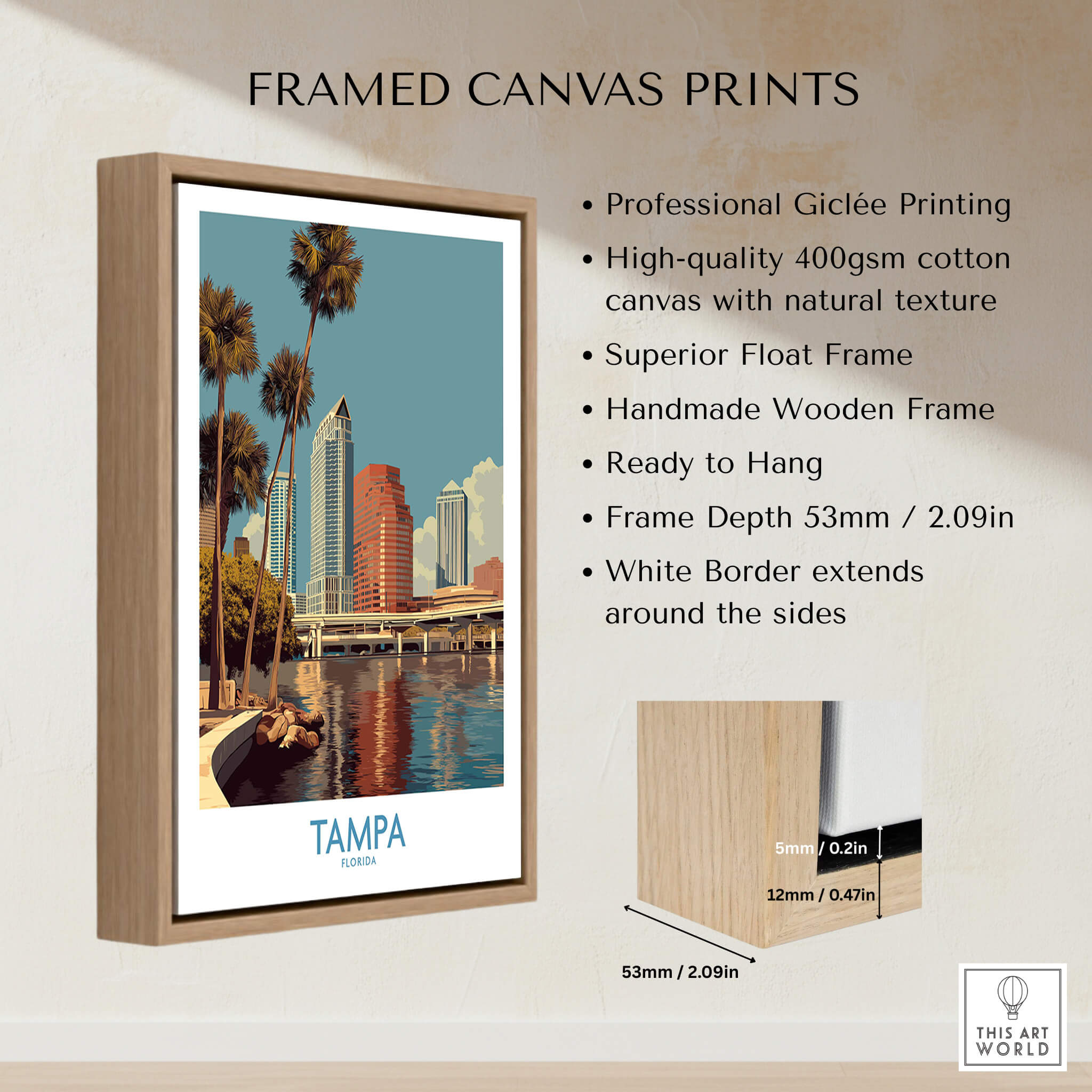 Tampa Florida Poster | Waterfront Sunset Cityscape Canvas Print framed with a wooden border and high-quality giclée printing.