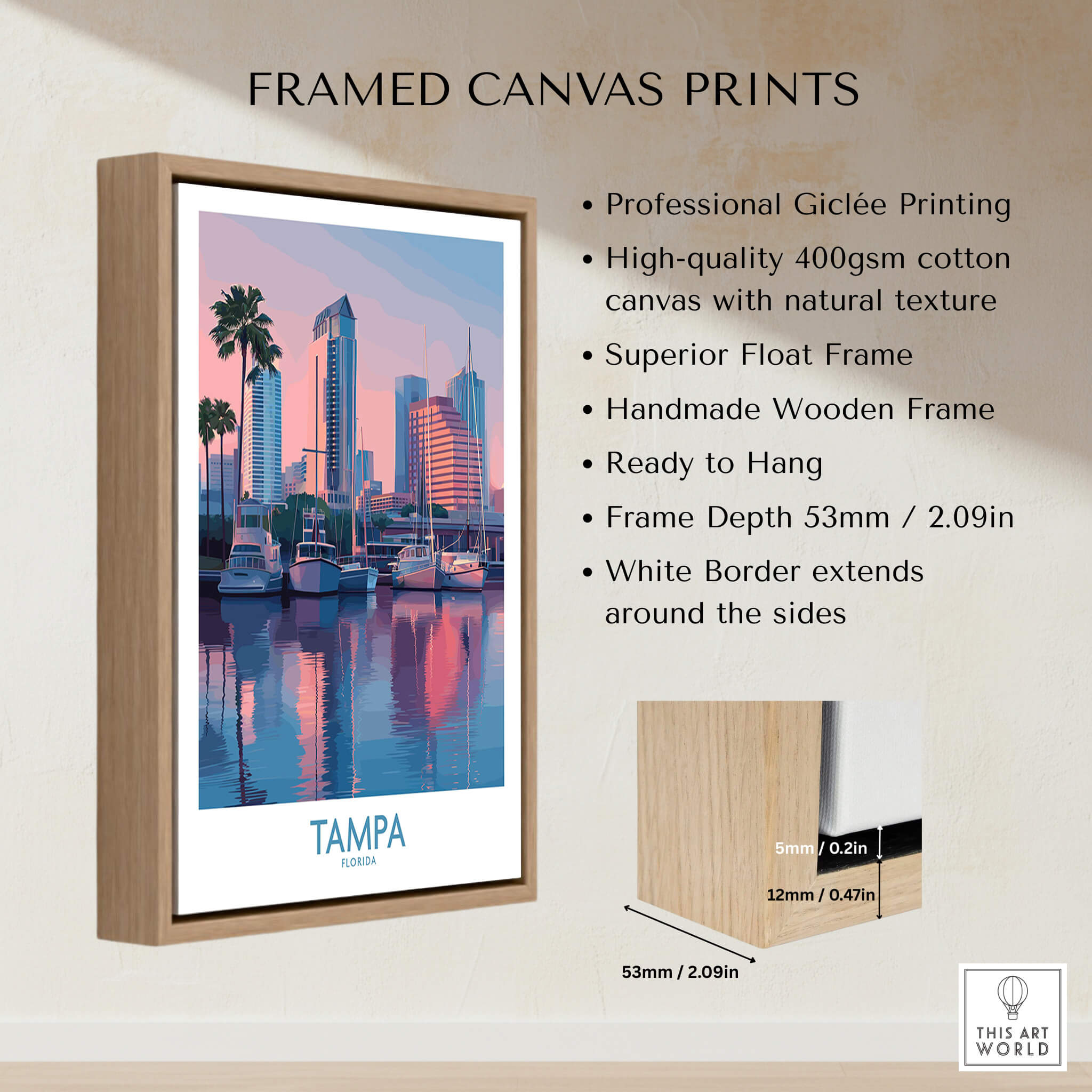Tampa Florida Canvas Print | Sunset Bay & Sailboat Landscape Poster framed in wooden frame.