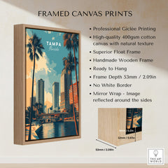 Tampa Florida Wall Art Print | Palm Trees & Modern Skyline Travel Poster displayed in framed canvas print.