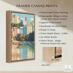 Framed canvas print of colorful Tenby harbor with boats, handmade wooden float frame details.