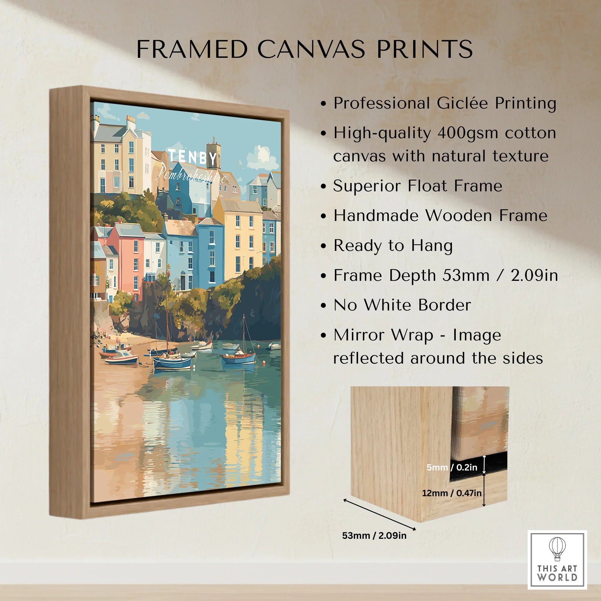 Framed canvas print of colorful Tenby harbor with boats, handmade wooden float frame details.