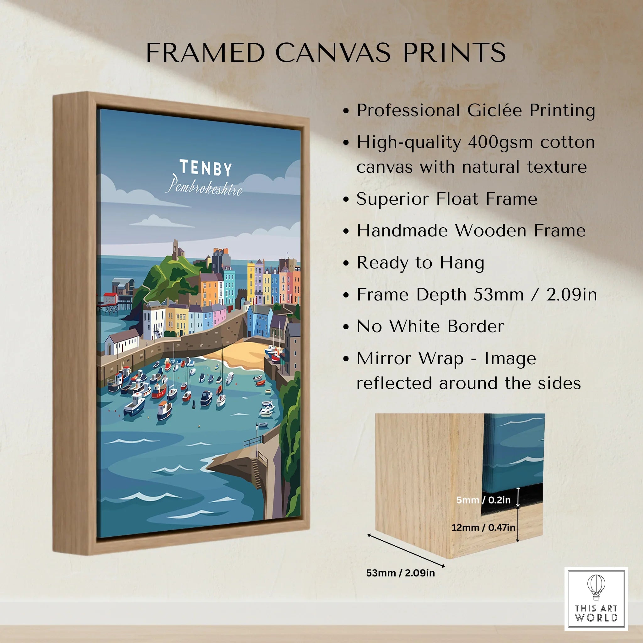 Framed canvas print of Tenby Pembrokeshire harbor in a wooden float frame, wall art details shown.