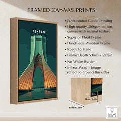 Tehran Iran Travel Poster | Azadi Tower Landmark Wall Art Print framed canvas print with wooden frame.