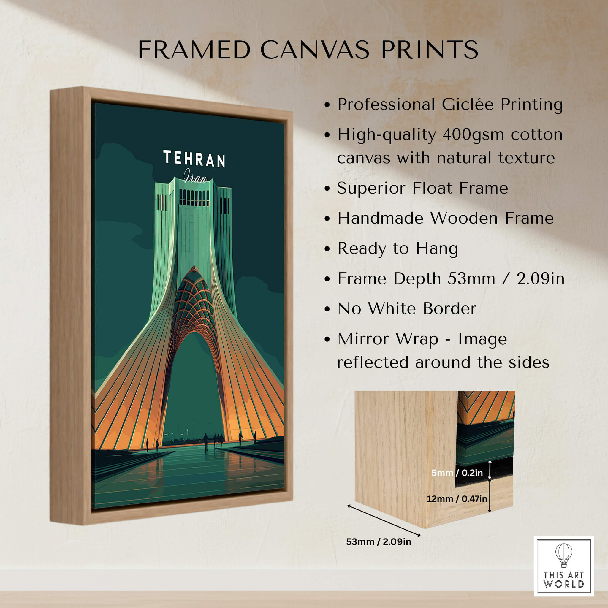 Tehran Iran Travel Poster | Azadi Tower Landmark Wall Art Print framed canvas print with wooden frame.