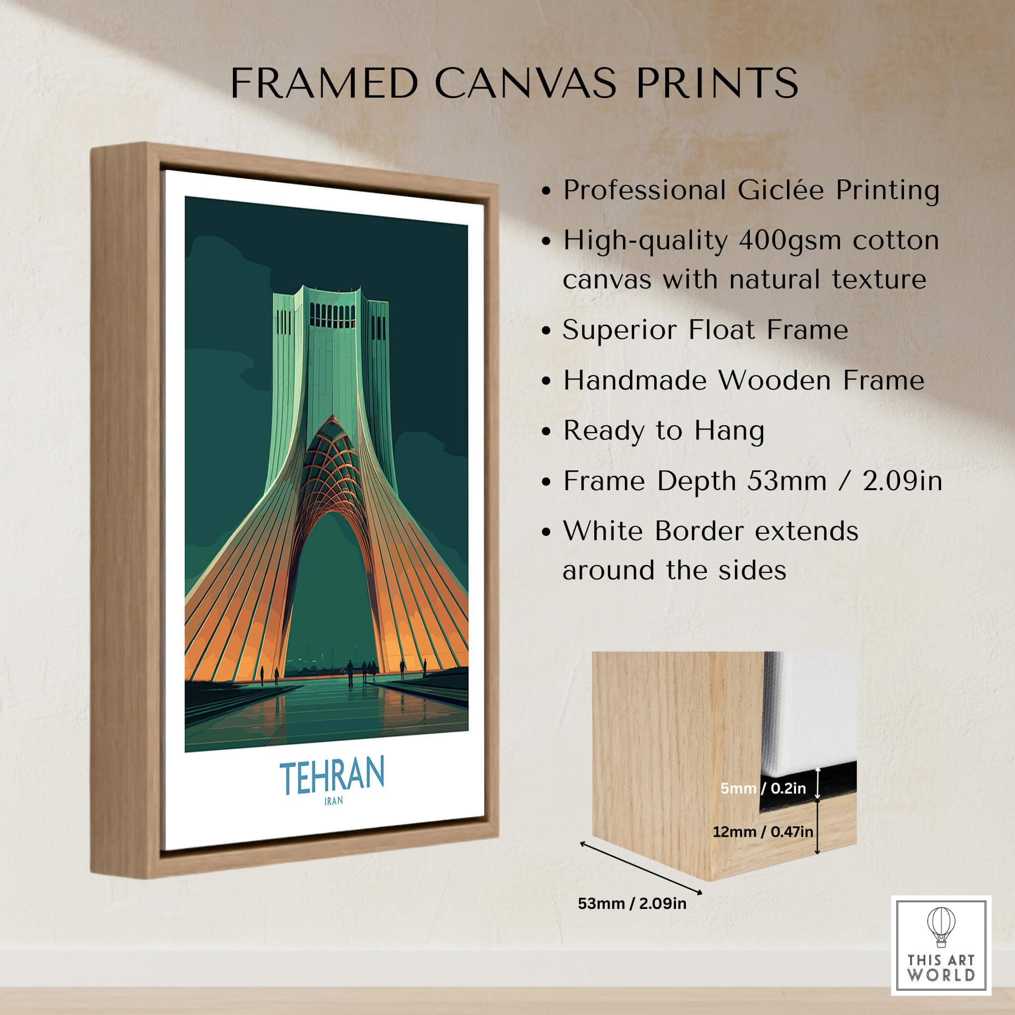 Tehran Iran Canvas Print | Iconic Persian Monument Cityscape Poster showcasing framed artwork with wooden frame