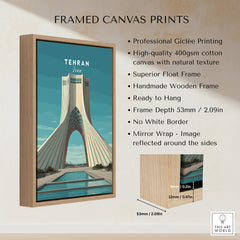 Tehran Wall Art Print | Iran Travel Poster in a handmade wooden frame, showcasing Azadi Tower and modern design.