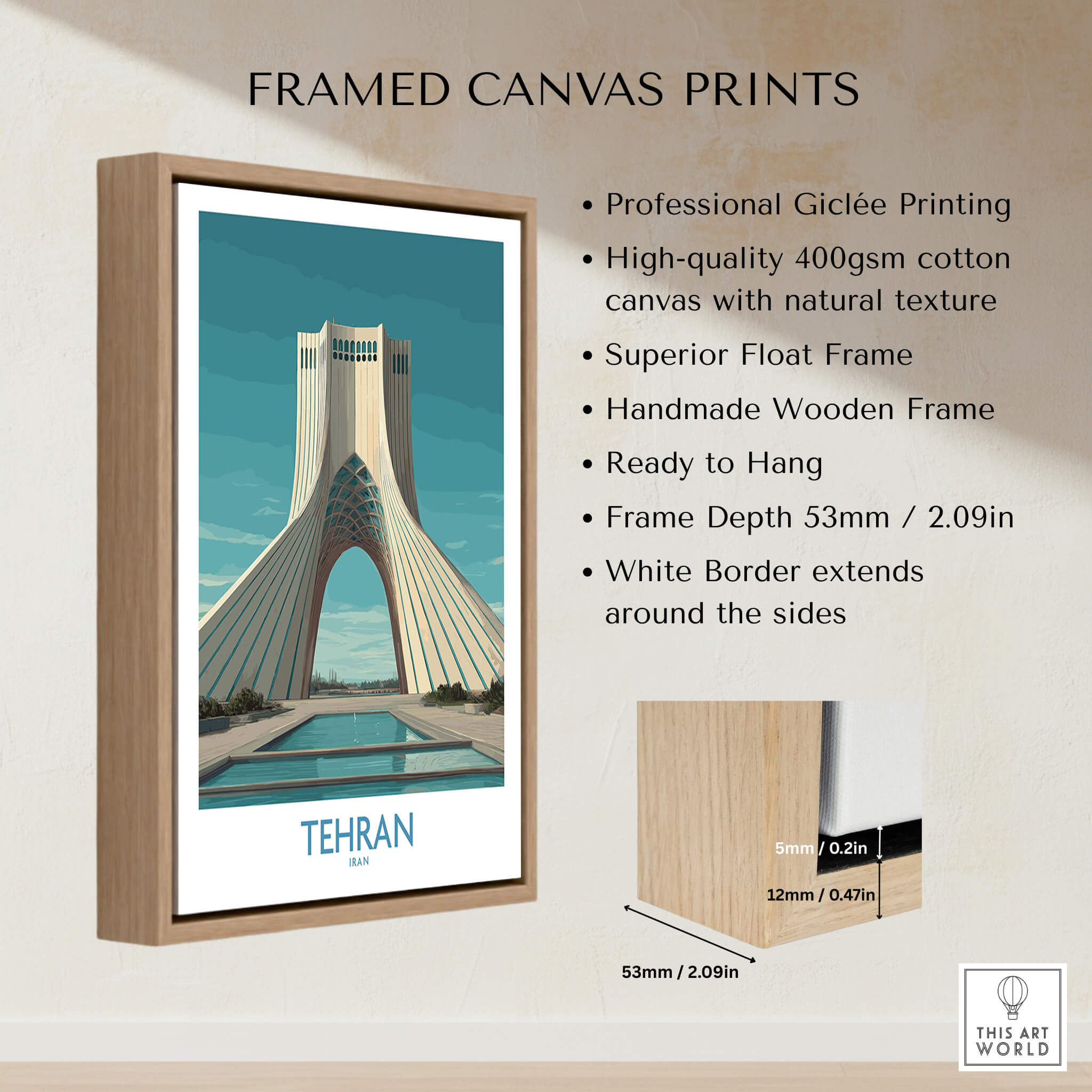Tehran Poster Iran | Azadi Tower Sunset Architecture Canvas Print framed in a handmade wooden frame, ready to hang.