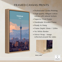 Tehran Iran Travel Poster | Alborz Mountains Skyline Wall Art Print in a modern wooden frame with key product details.