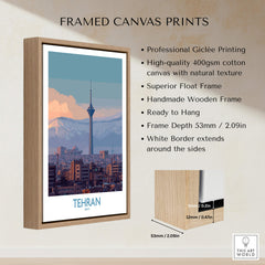 Tehran Iran Canvas Print | Evening City Landscape Poster displayed in a framed canvas print with a wooden border.