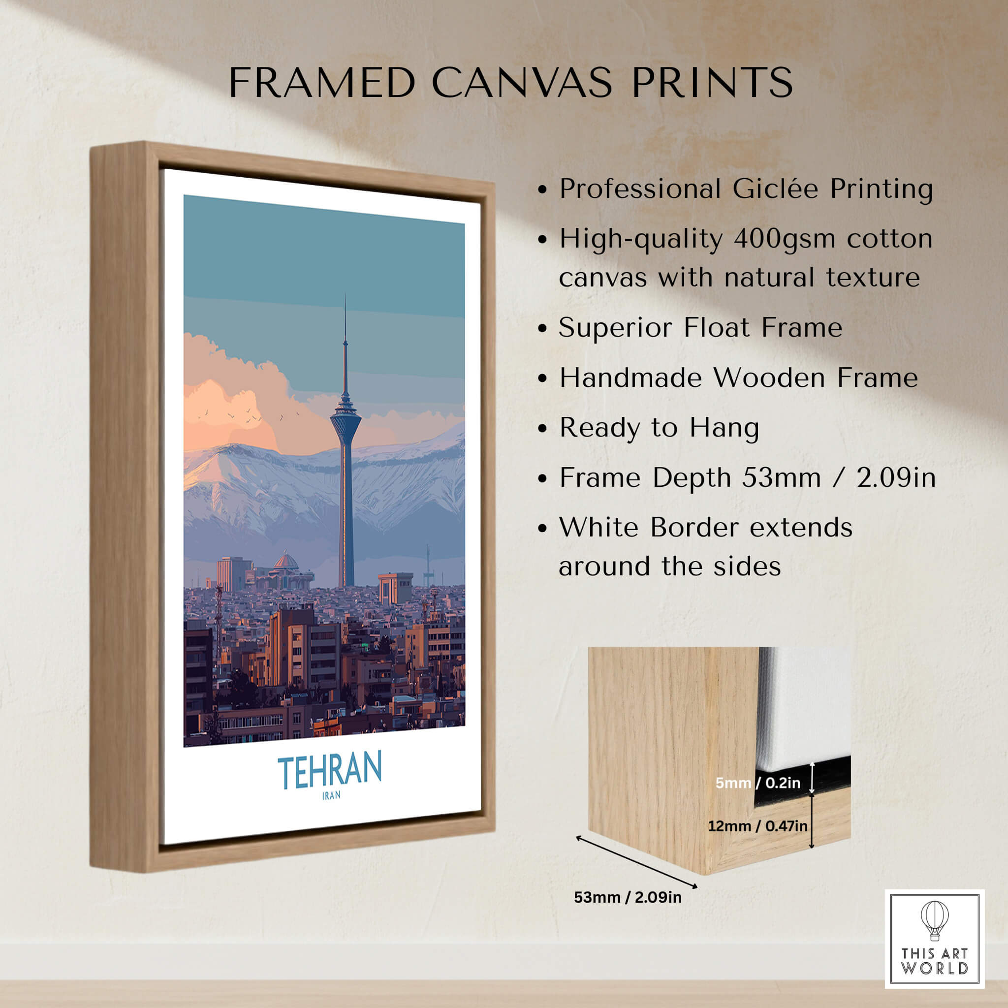 Tehran Iran Canvas Print | Evening City Landscape Poster displayed in a framed canvas print with a wooden border.