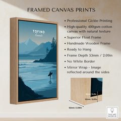 Tofino Canada Travel Poster | Pacific Coast Surfer Wall Art Print beautifully displayed in a handmade wooden frame.