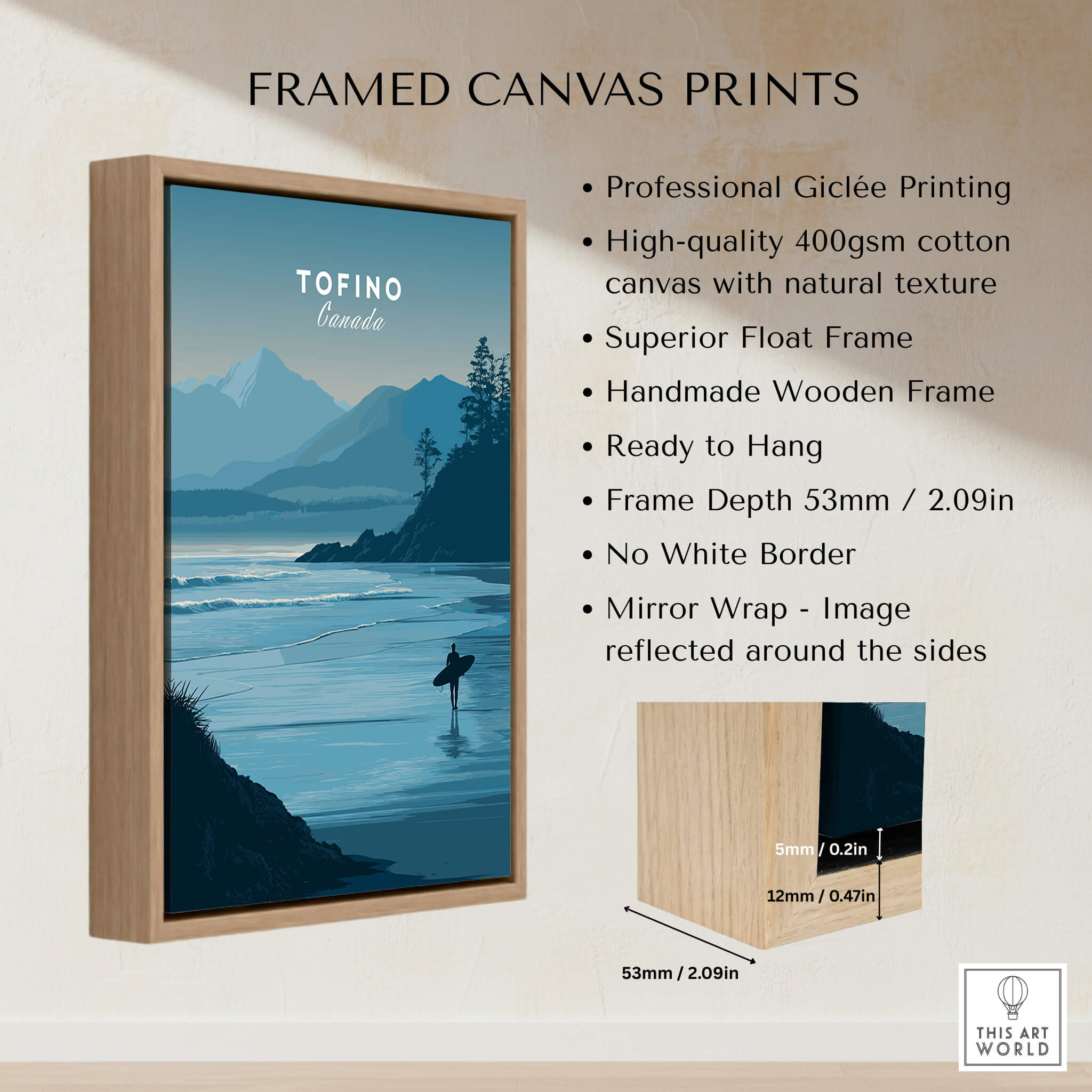 Tofino Canada Travel Poster | Pacific Coast Surfer Wall Art Print beautifully displayed in a handmade wooden frame.