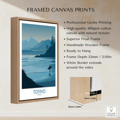 Tofino Canada Canvas Print | Misty Mountain & Shoreline Poster framed canvas print with wooden frame