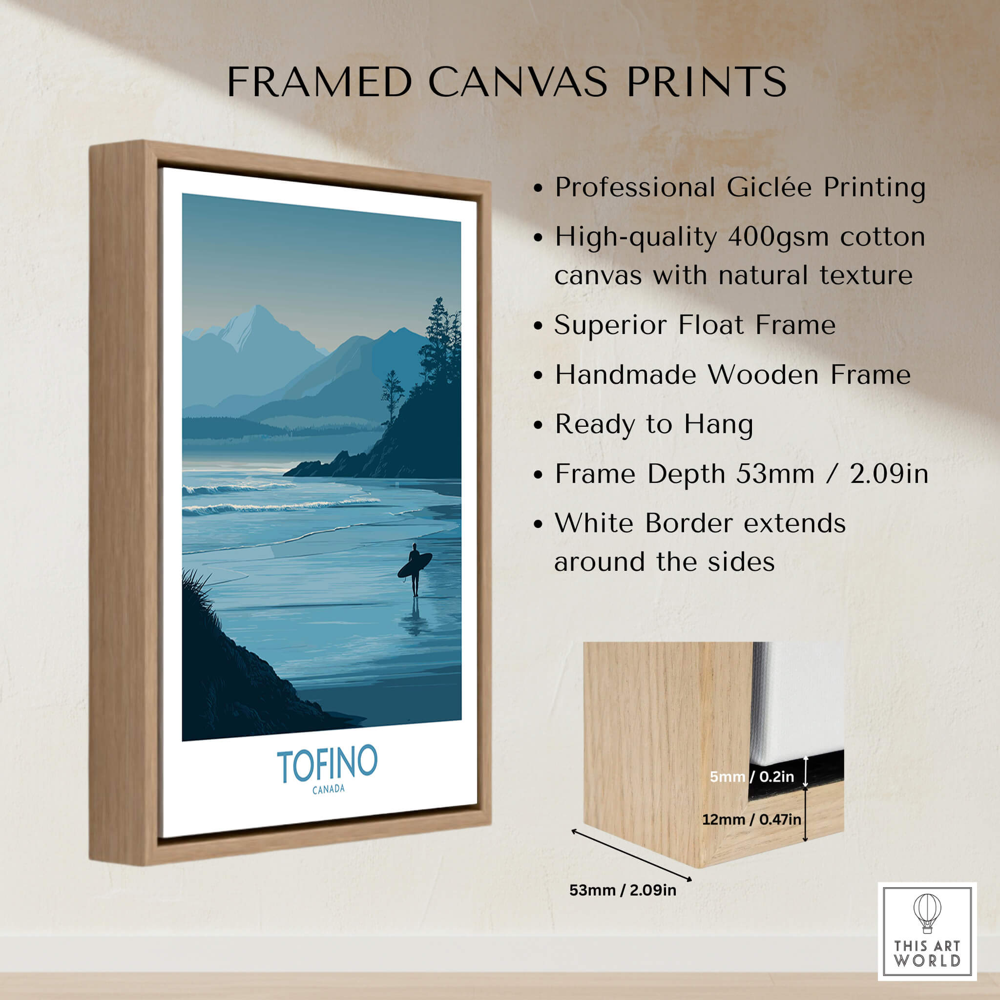 Tofino Canada Canvas Print | Misty Mountain & Shoreline Poster framed canvas print with wooden frame