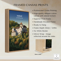 Framed canvas print of Vaduz Castle with wooden float frame and product details.